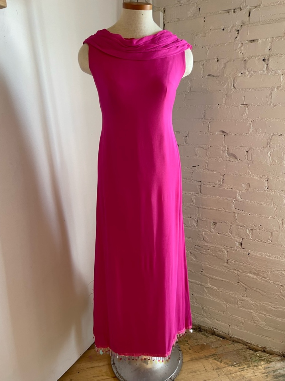 1960s chiffon  Maxi Dress with Draped Neckline and feathered scarf back.